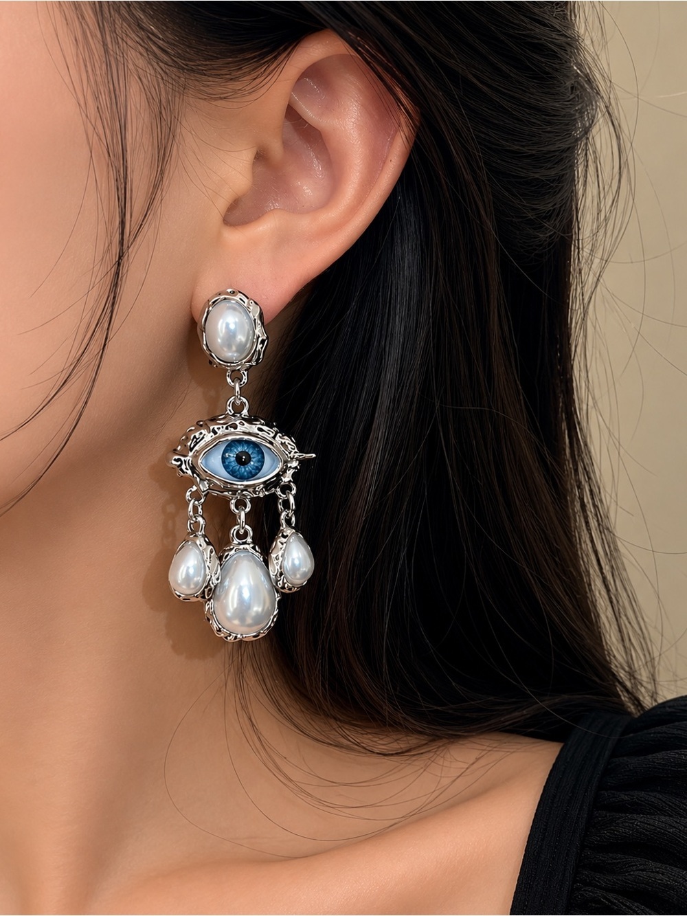 Blue Evil Eye Drop Earrings with Pearl Accents